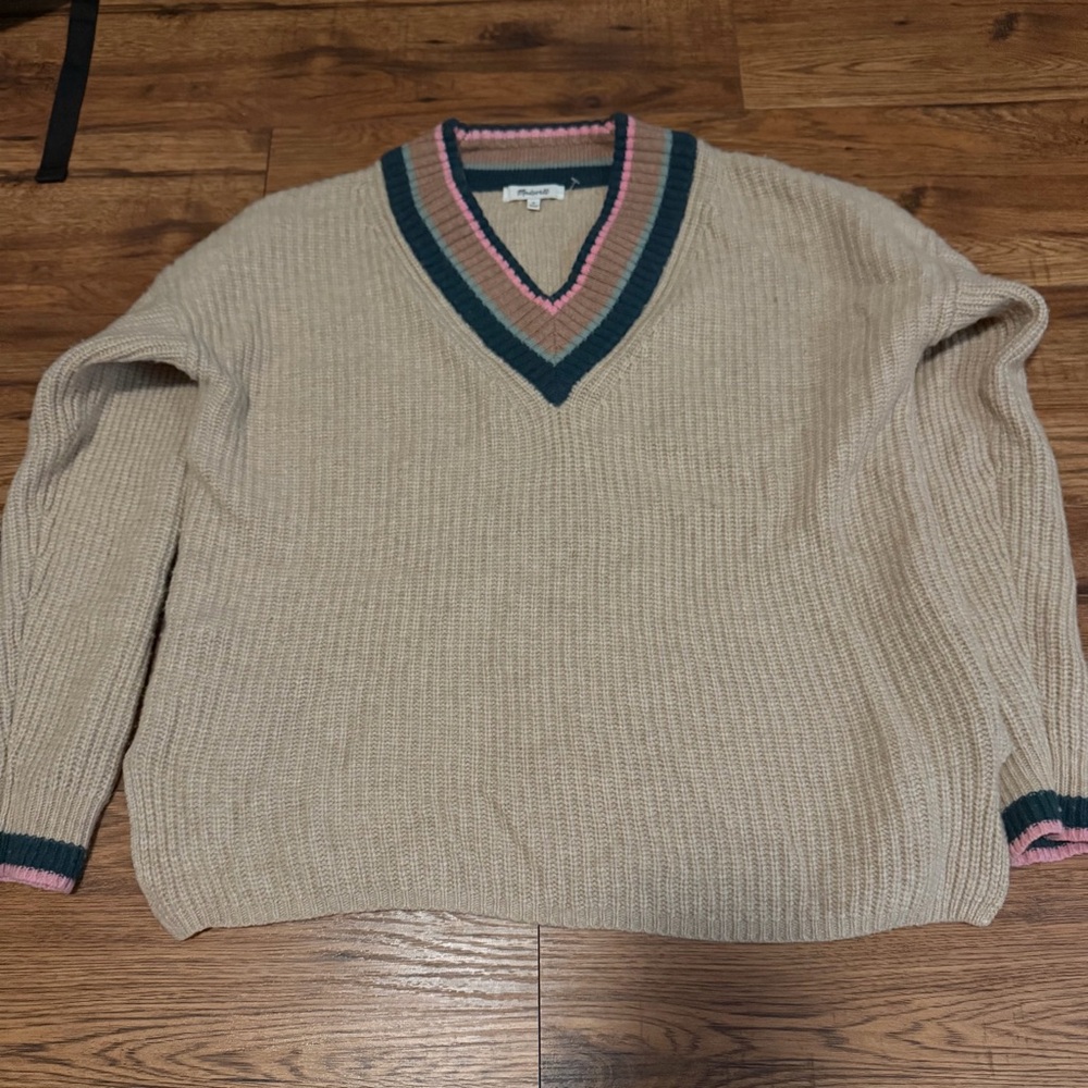 Madewell Beige V-Neck Wool Blend Sweater with Pink and Green Trim Small